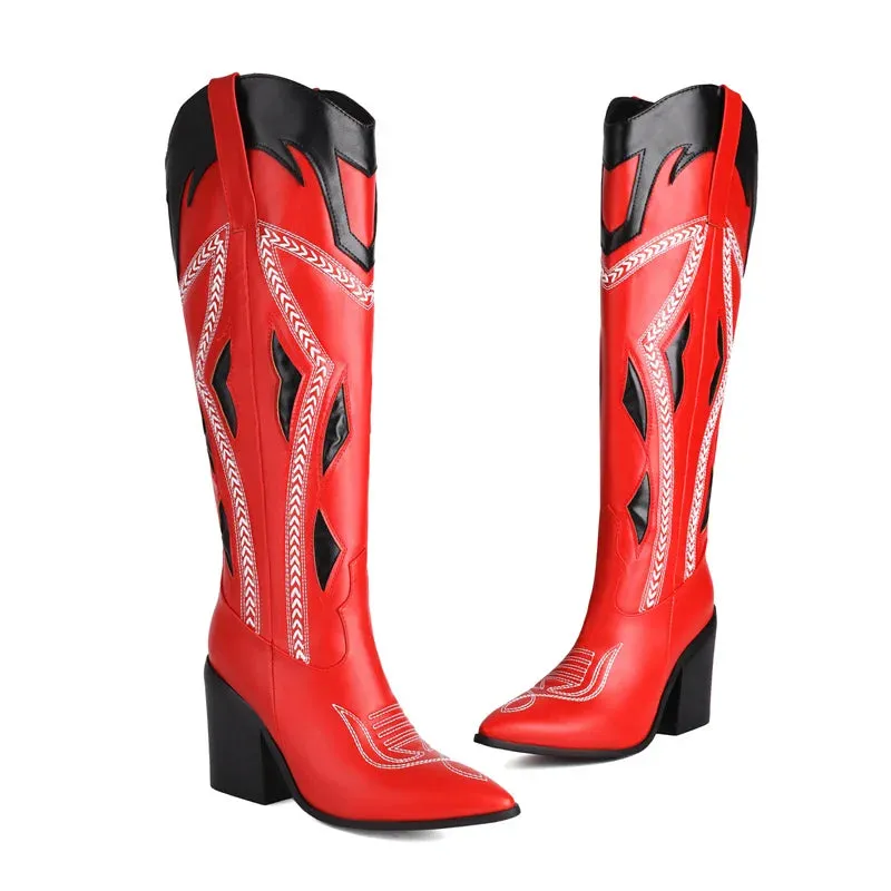 Western Boots Knee High Shoes Red Pointed Toe Fashion Embroider Butterfly Chunky High Heels Cowboy Boots Women