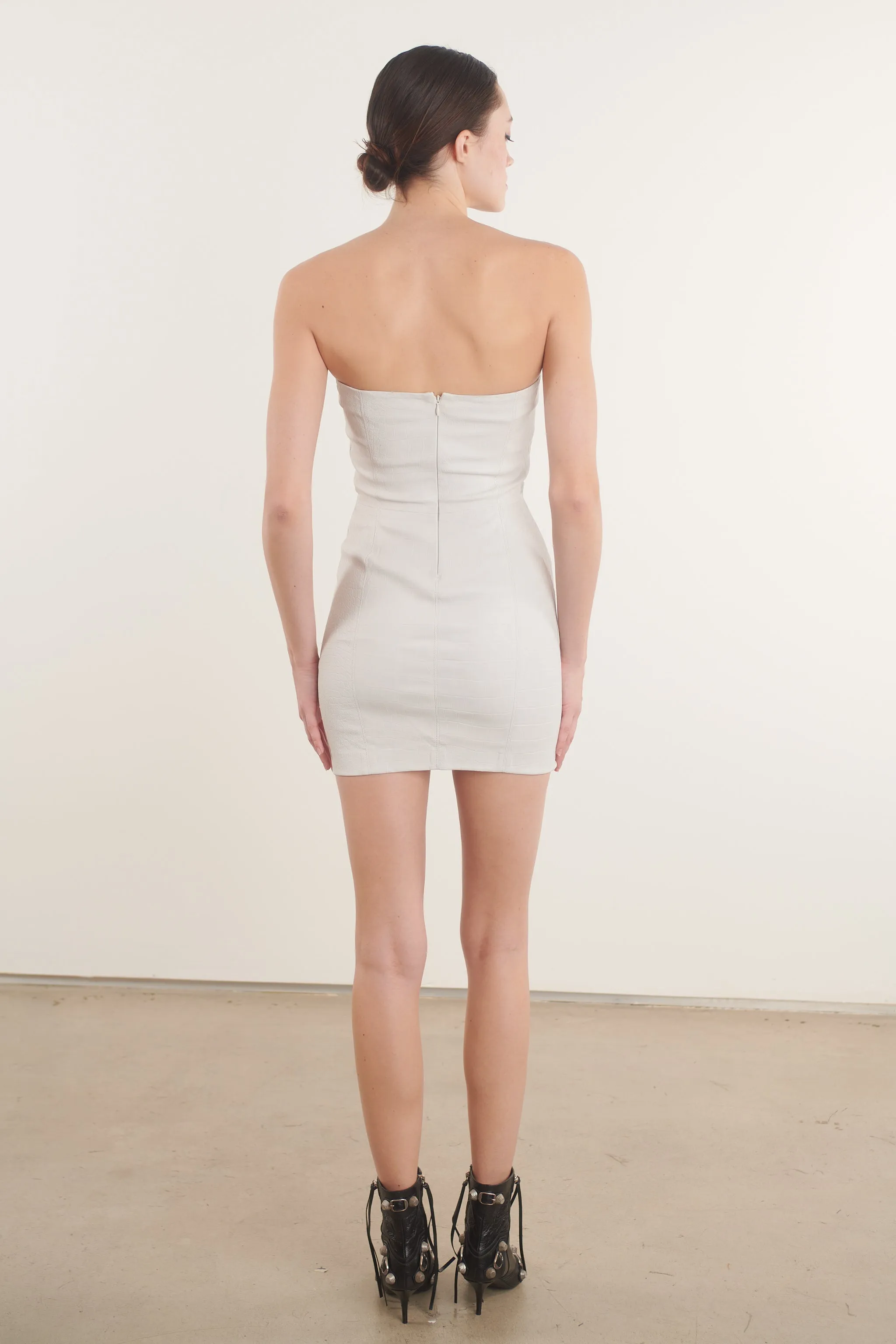 White Croc Embossed Leather Strapless Dress