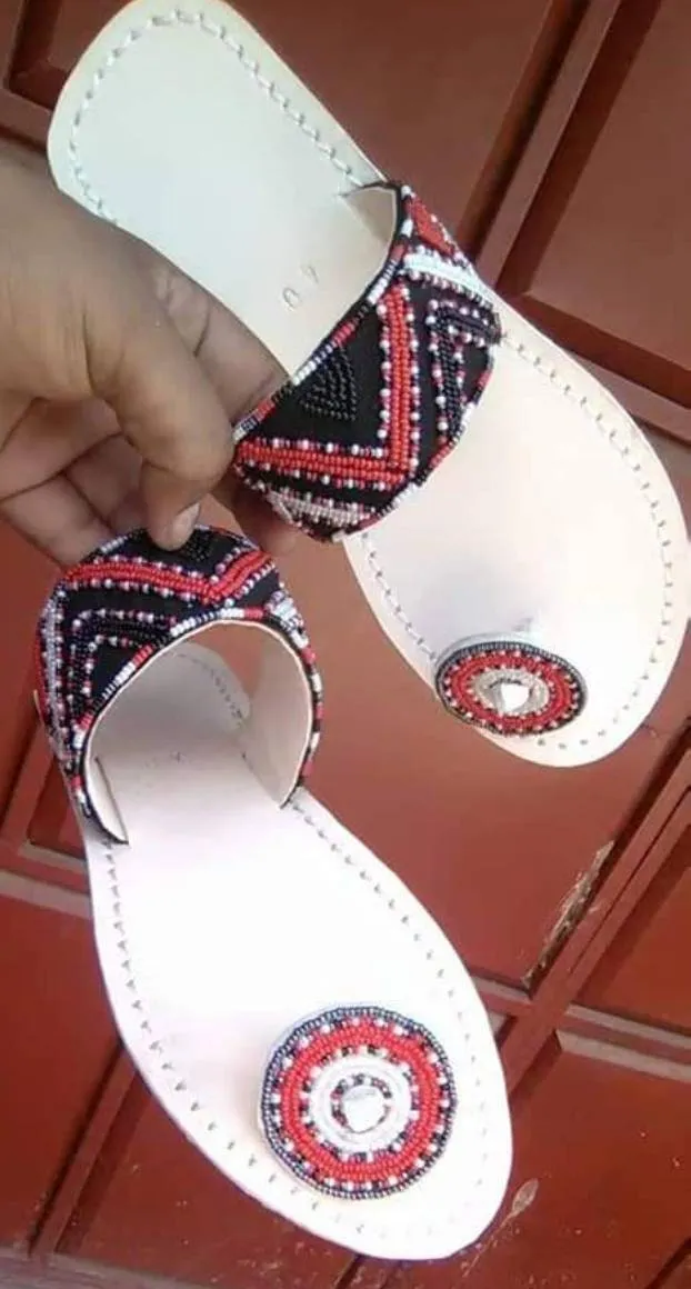 White leather black beaded handmade masaai sandals slippers with free shipping world wide